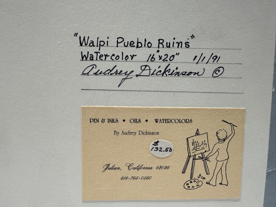 Audrey Dickinson Original Watercolor Painting On Paper Titled 'Walpi Pueblo Ruins' Dated 1/1/1991 20 X 16 Framed [Photo 7]