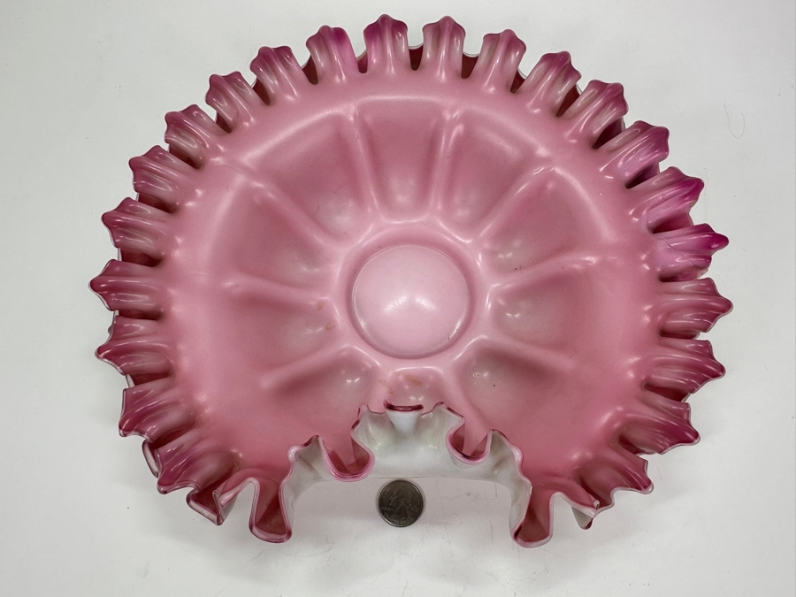Fenton Glass Pink and White Ruffled Rim Bowl 12' x 11' x 3.5' [Photo 5]