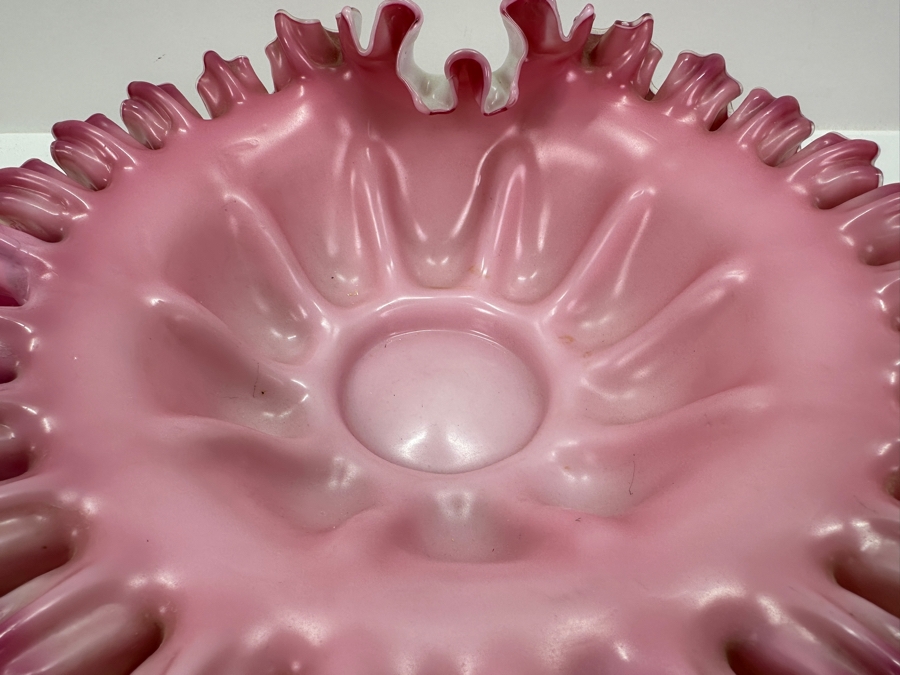 Fenton Glass Pink and White Ruffled Rim Bowl 12' x 11' x 3.5' [Photo 7]