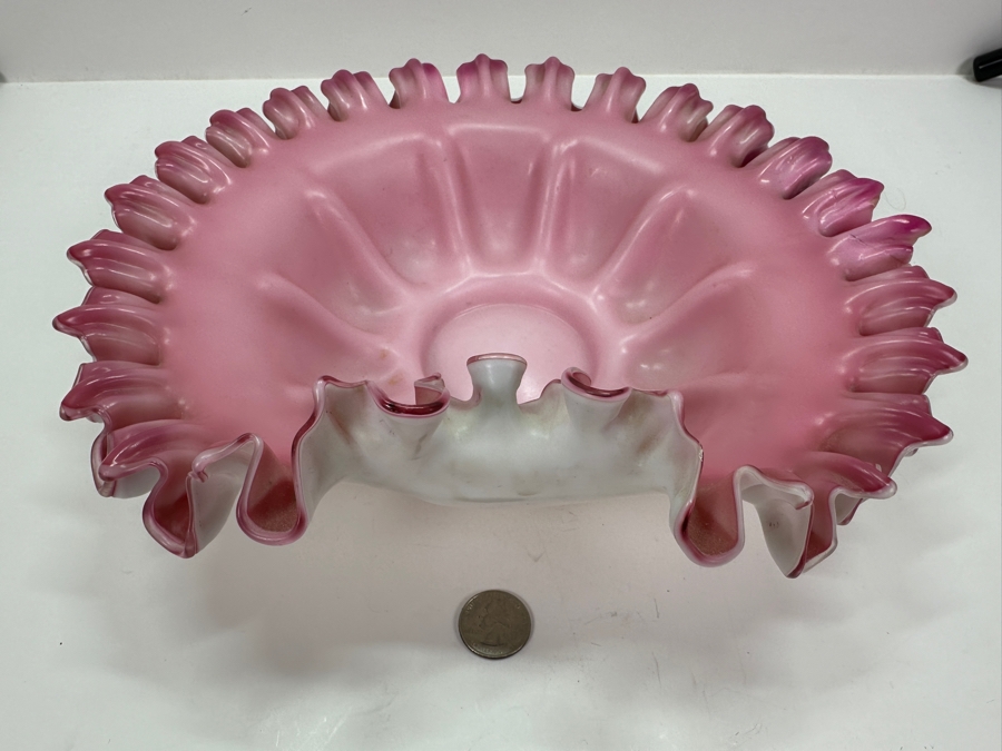 Fenton Glass Pink and White Ruffled Rim Bowl 12' x 11' x 3.5' [Photo 3]