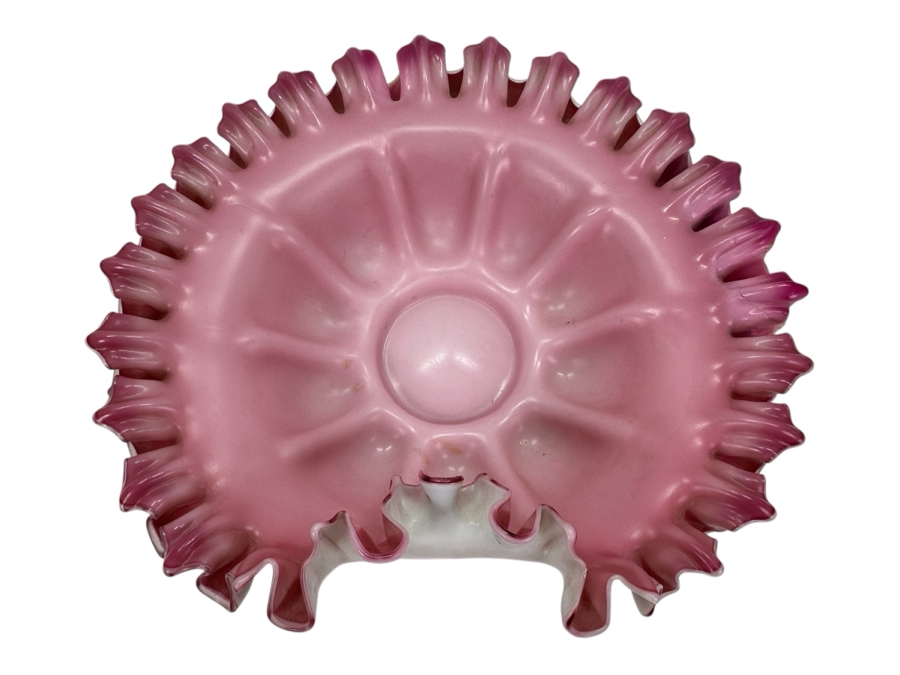 Fenton Glass Pink and White Ruffled Rim Bowl 12' x 11' x 3.5'