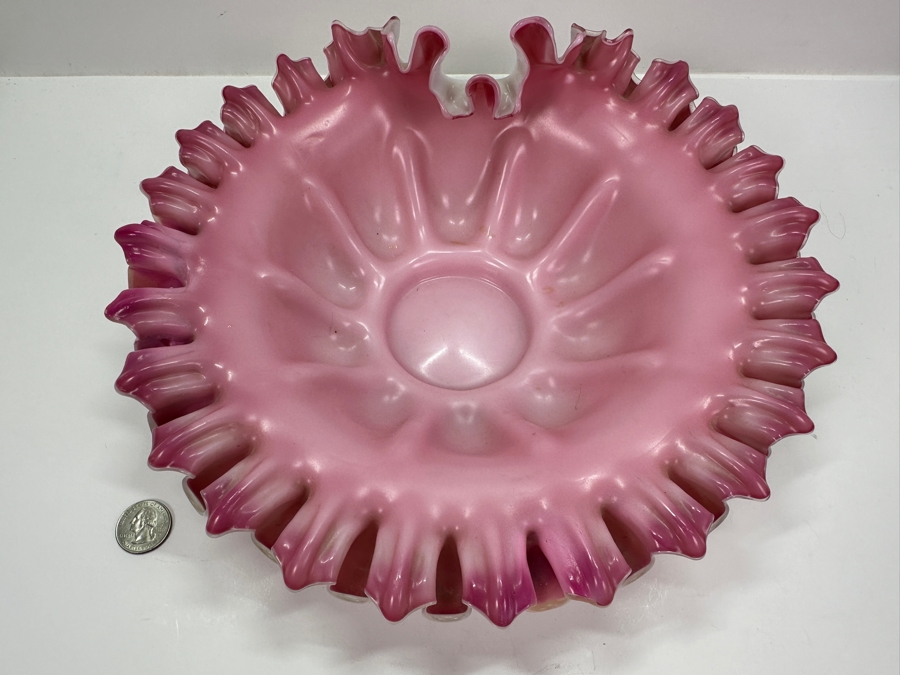Fenton Glass Pink and White Ruffled Rim Bowl 12' x 11' x 3.5' [Photo 6]