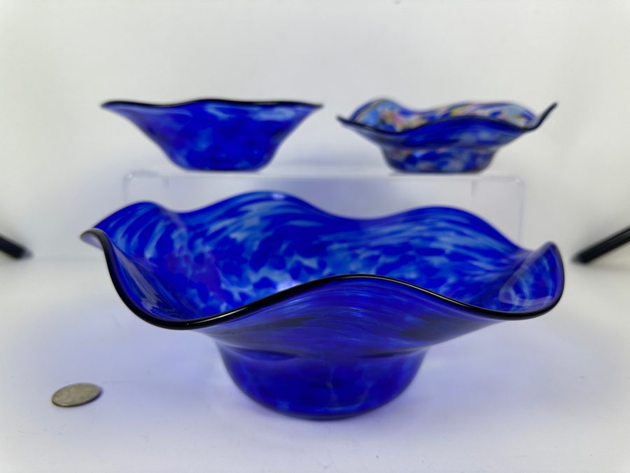 (3) Handmade Blue Art Glass Bowls with Ruffled Edges Individually Artist Signed Kuy 10'W, 6.5'W, 7'W [Photo 2]