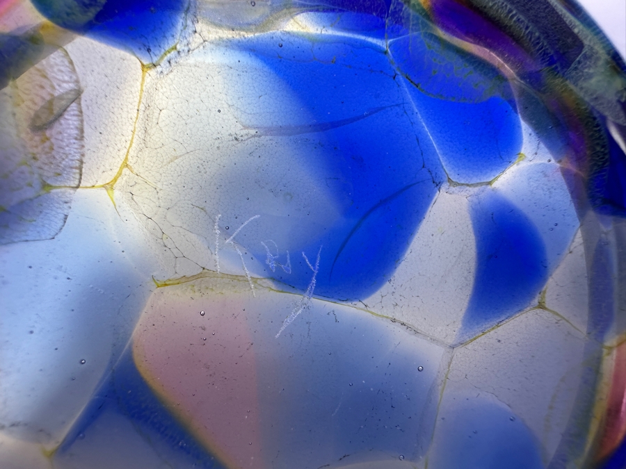 (3) Handmade Blue Art Glass Bowls with Ruffled Edges Individually Artist Signed Kuy 10'W, 6.5'W, 7'W [Photo 8]