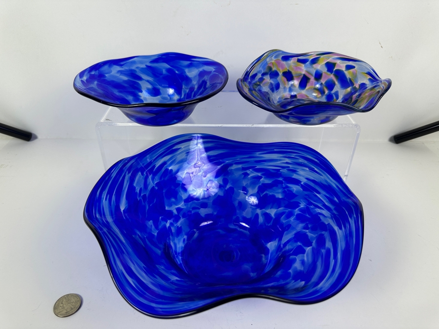 (3) Handmade Blue Art Glass Bowls with Ruffled Edges Individually Artist Signed Kuy 10'W, 6.5'W, 7'W [Photo 4]