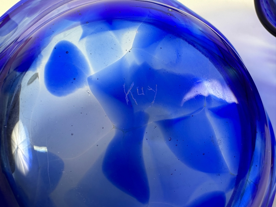 (3) Handmade Blue Art Glass Bowls with Ruffled Edges Individually Artist Signed Kuy 10'W, 6.5'W, 7'W [Photo 7]