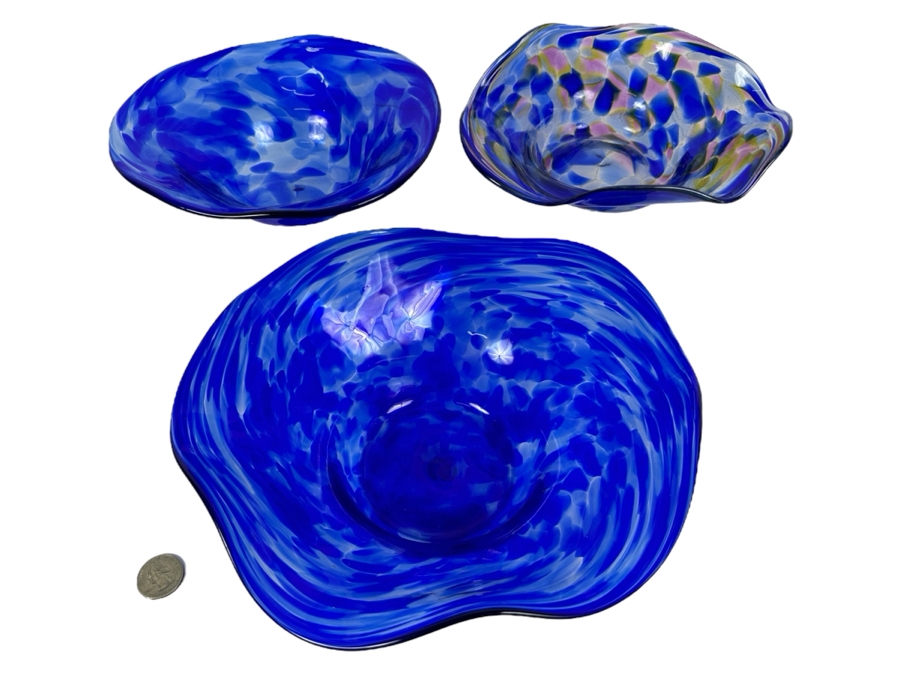 (3) Handmade Blue Art Glass Bowls with Ruffled Edges Individually Artist Signed Kuy 10'W, 6.5'W, 7'W