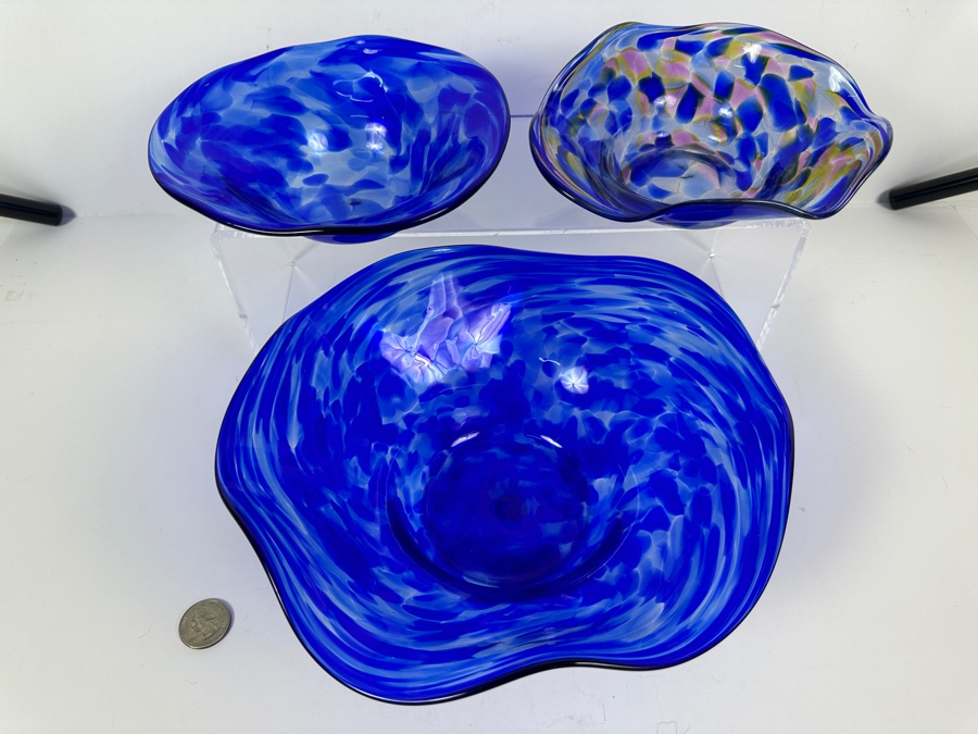 (3) Handmade Blue Art Glass Bowls with Ruffled Edges Individually Artist Signed Kuy 10'W, 6.5'W, 7'W [Photo 3]