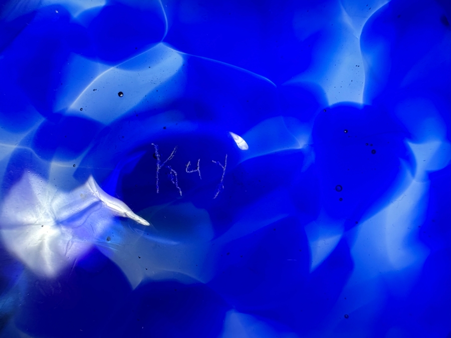 (3) Handmade Blue Art Glass Bowls with Ruffled Edges Individually Artist Signed Kuy 10'W, 6.5'W, 7'W [Photo 6]