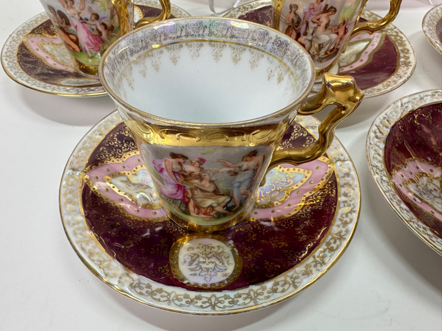 Royal Vienna Serving Plate, Coffee Pot (Coffee Pot Has Been Repaired - See Photos) and 5 Cups and Saucers 17'W 10'H, 5'W [Photo 8]