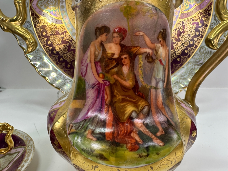 Royal Vienna Serving Plate, Coffee Pot (Coffee Pot Has Been Repaired - See Photos) and 5 Cups and Saucers 17'W 10'H, 5'W [Photo 18]