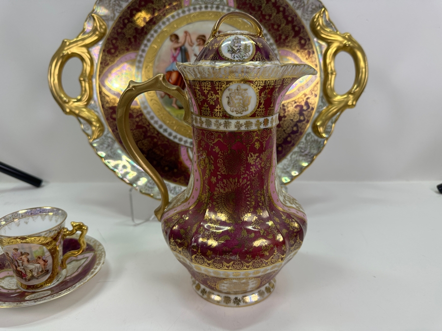Royal Vienna Serving Plate, Coffee Pot (Coffee Pot Has Been Repaired - See Photos) and 5 Cups and Saucers 17'W 10'H, 5'W [Photo 22]