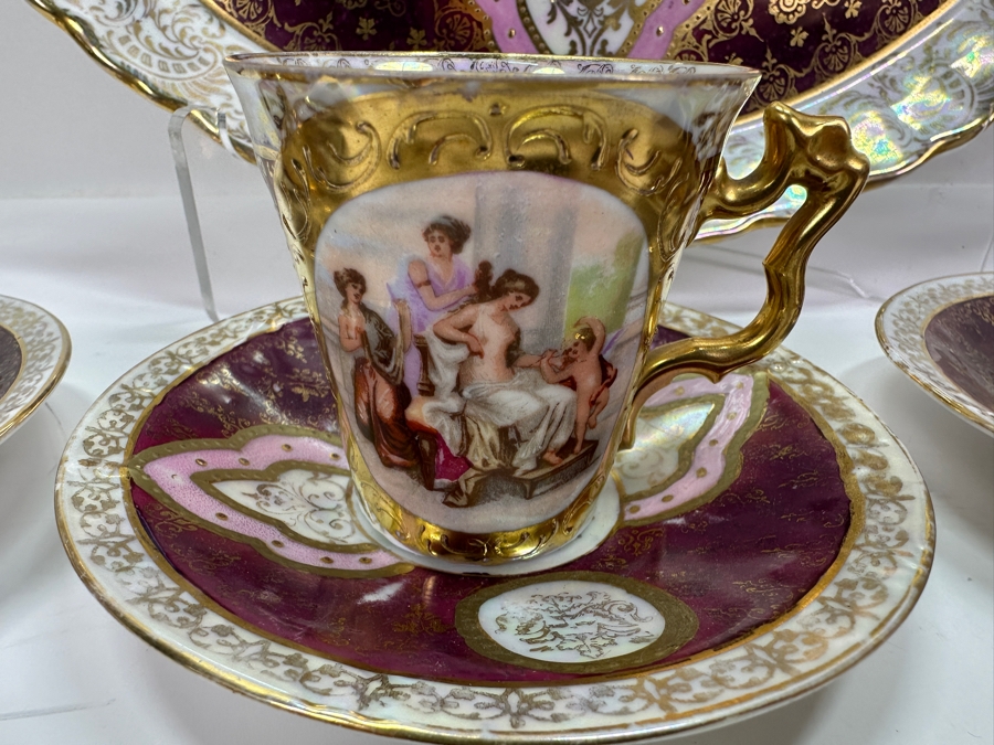 Royal Vienna Serving Plate, Coffee Pot (Coffee Pot Has Been Repaired - See Photos) and 5 Cups and Saucers 17'W 10'H, 5'W [Photo 13]