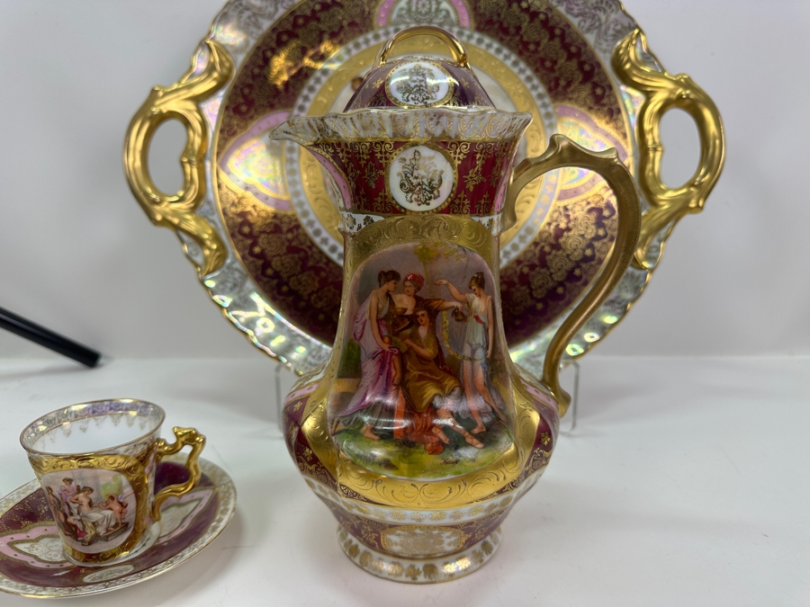 Royal Vienna Serving Plate, Coffee Pot (Coffee Pot Has Been Repaired - See Photos) and 5 Cups and Saucers 17'W 10'H, 5'W [Photo 17]