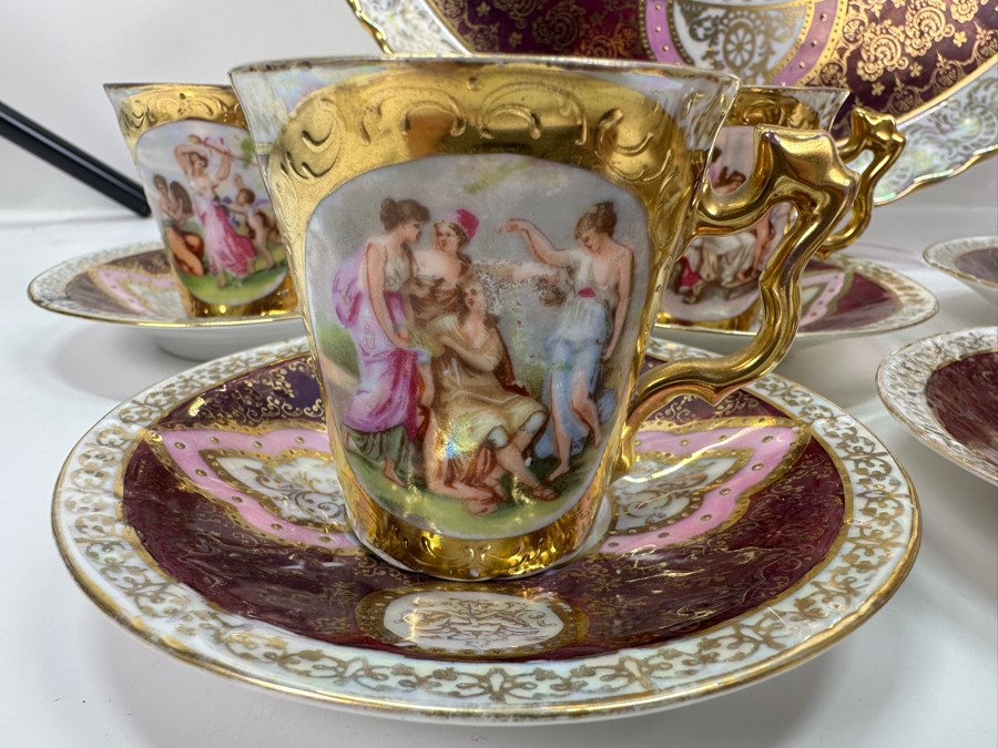 Royal Vienna Serving Plate, Coffee Pot (Coffee Pot Has Been Repaired - See Photos) and 5 Cups and Saucers 17'W 10'H, 5'W [Photo 7]