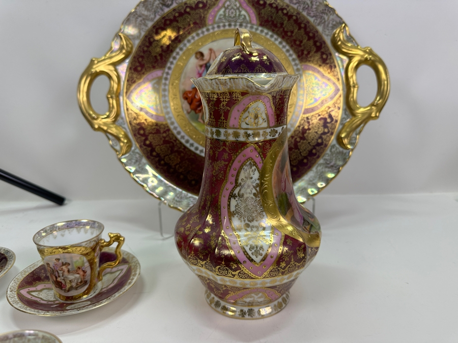 Royal Vienna Serving Plate, Coffee Pot (Coffee Pot Has Been Repaired - See Photos) and 5 Cups and Saucers 17'W 10'H, 5'W [Photo 21]