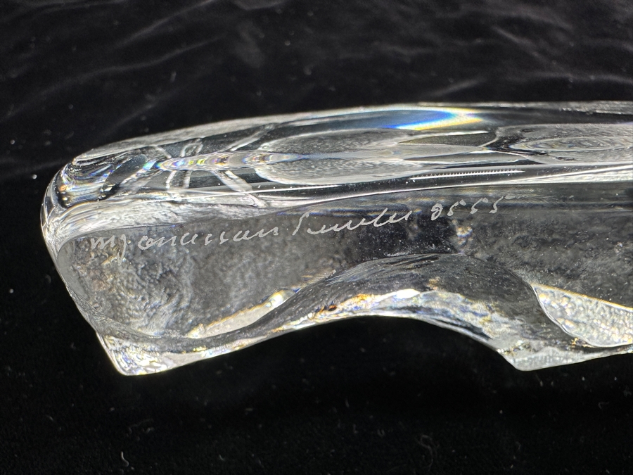 Signed Mats Jonasson Engraved Crystal Paperweight 5'W x 3'H [Photo 3]