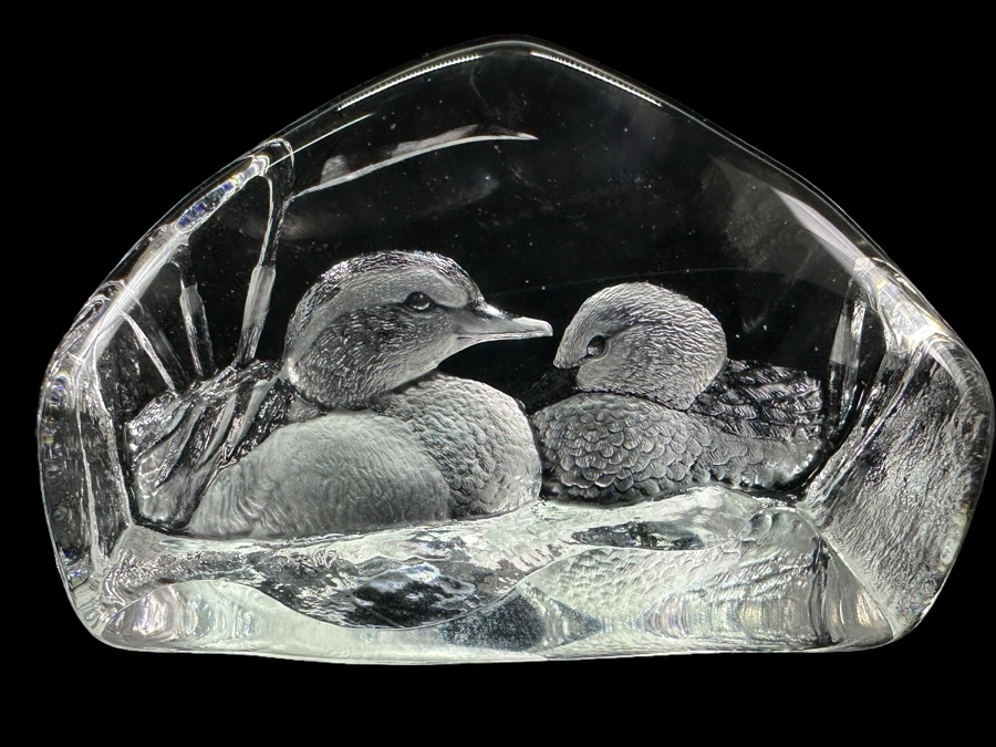 Signed Mats Jonasson Engraved Crystal Paperweight 5'W x 3'H [Photo 1]