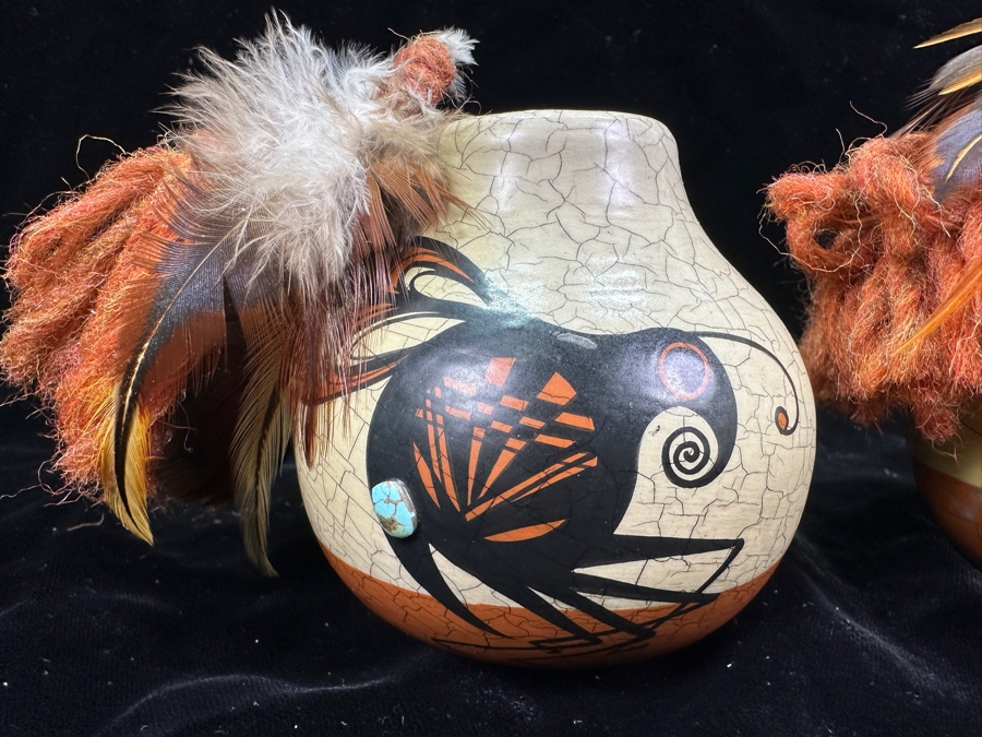Pair Of Hand Painted Navajo Pottery Vases By Pauli 3.5'H [Photo 2]