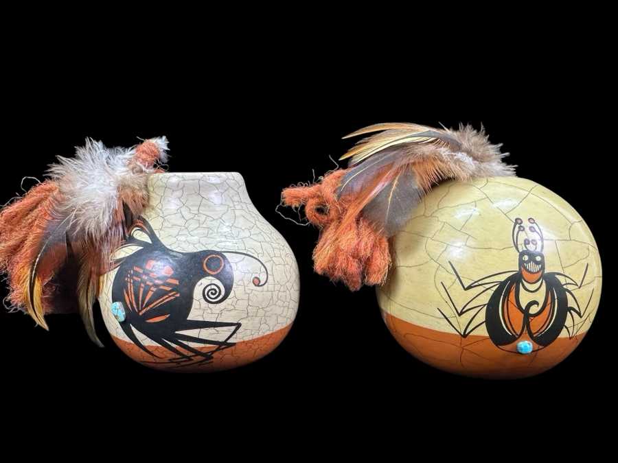Pair Of Hand Painted Navajo Pottery Vases By Pauli 3.5'H [Photo 1]