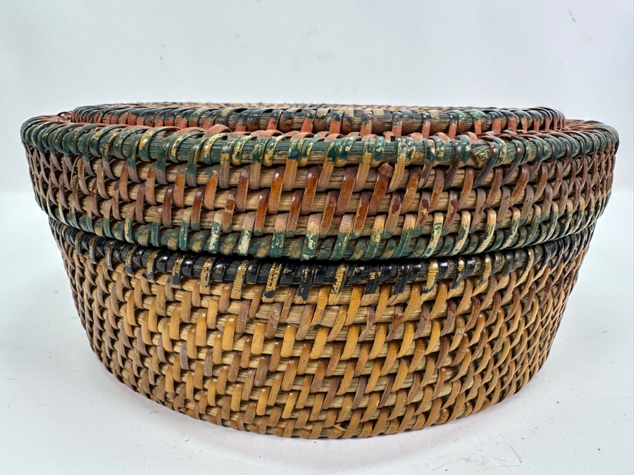 Vintage Sally Patchin Folk Art Hand Painted Sewing Basket With Lid 9W X 3.5H [Photo 2]