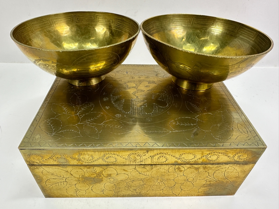 Asian Brass Box 7.5W X 5.5D X 3H And (2) Asian Brass Footed Cups Featuring A Dragon Design [Photo 2]