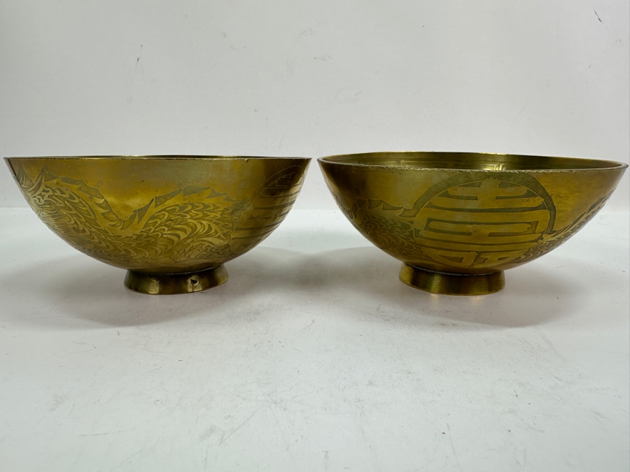 Asian Brass Box 7.5W X 5.5D X 3H And (2) Asian Brass Footed Cups Featuring A Dragon Design [Photo 10]