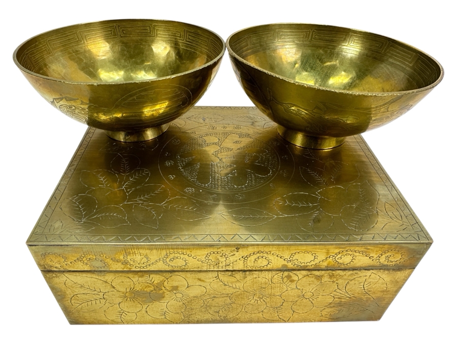 Asian Brass Box 7.5W X 5.5D X 3H And (2) Asian Brass Footed Cups Featuring A Dragon Design