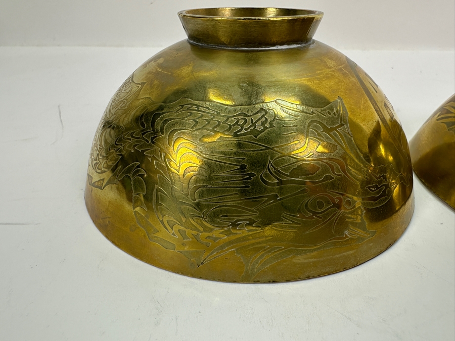 Asian Brass Box 7.5W X 5.5D X 3H And (2) Asian Brass Footed Cups Featuring A Dragon Design [Photo 13]