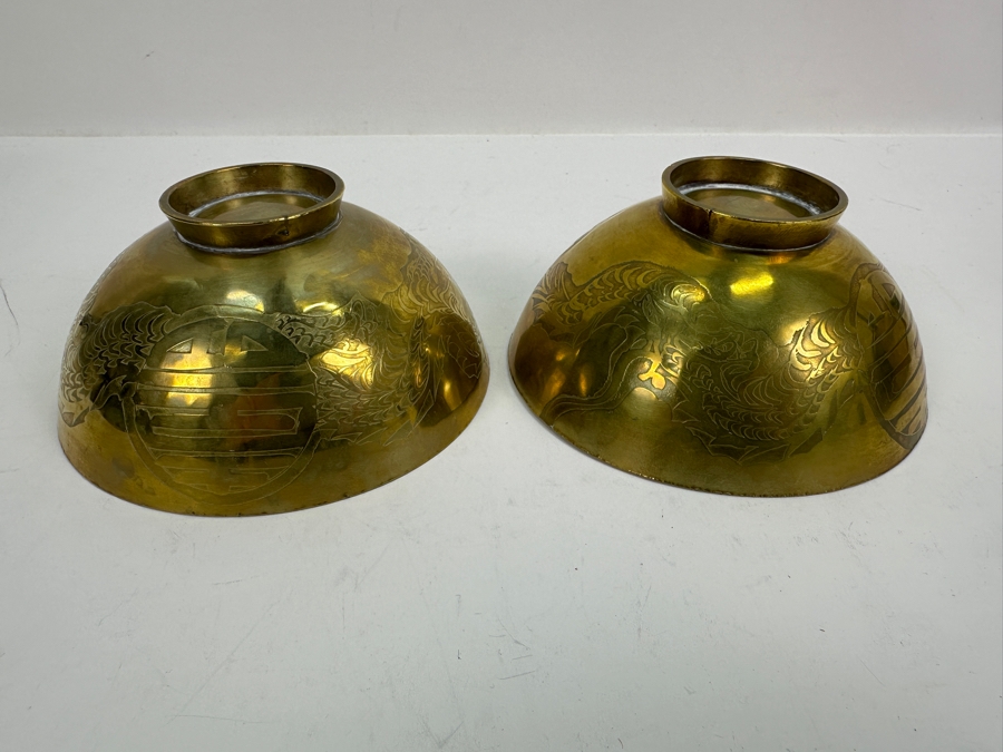 Asian Brass Box 7.5W X 5.5D X 3H And (2) Asian Brass Footed Cups Featuring A Dragon Design [Photo 11]
