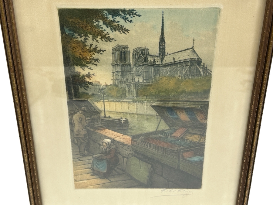Hand Signed Victor Valery (1870-1930) 'Tournelle Walk Facing Notre Dame' Color Etching 6 X 8 Framed 9.5 X 12.5