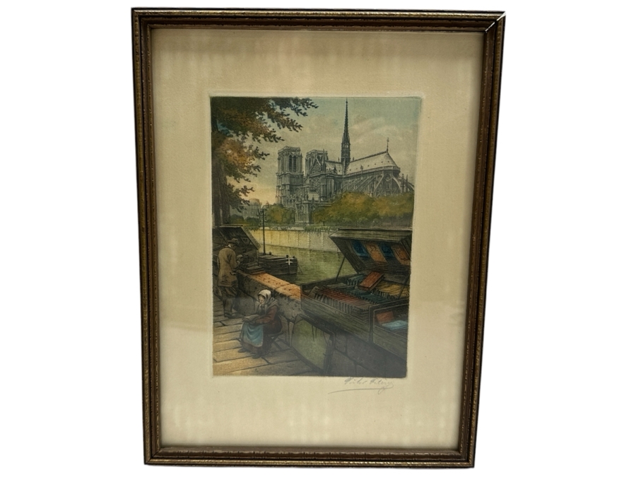 Hand Signed Victor Valery (1870-1930) 'Tournelle Walk Facing Notre Dame' Color Etching 6 X 8 Framed 9.5 X 12.5 [Photo 2]