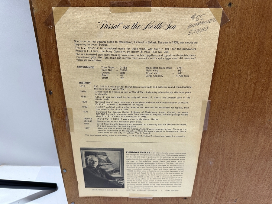 Thomas Wells (1916-2004, American) Hand Signed Limited Edition Print Titled 'Passat On The North Sea' Numbered 456 Of 500 18 X 24 Framed 23.5 X 28 [Photo 13]