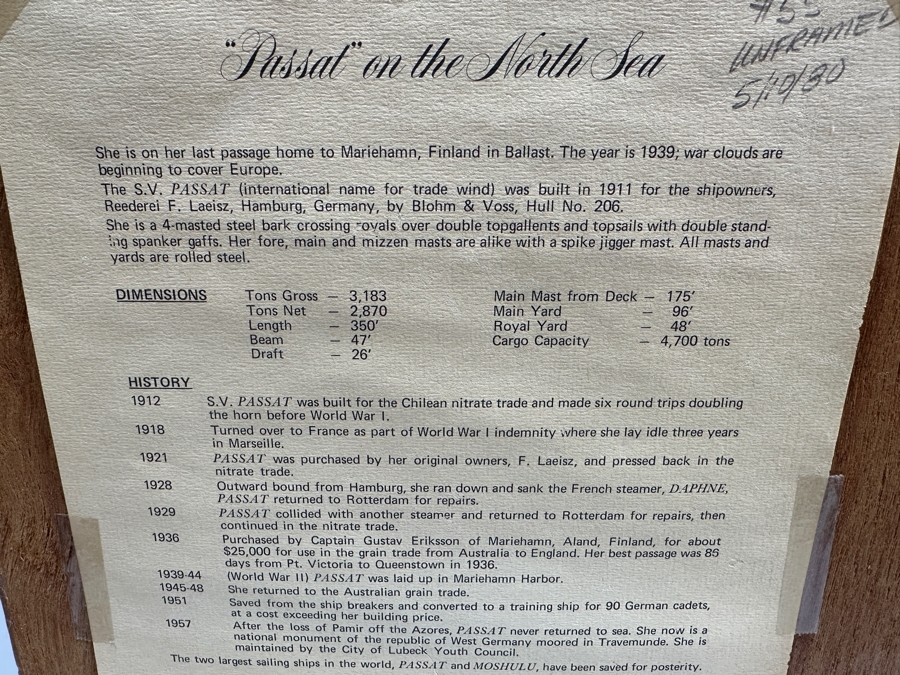 Thomas Wells (1916-2004, American) Hand Signed Limited Edition Print Titled 'Passat On The North Sea' Numbered 456 Of 500 18 X 24 Framed 23.5 X 28 [Photo 14]
