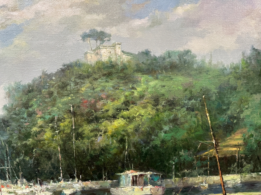 Large Original Oil On Canvas Portofino Italian Riviera Harbor Scene Singed Lower Left Signature Illegible 40 X 30 Framed [Photo 12]