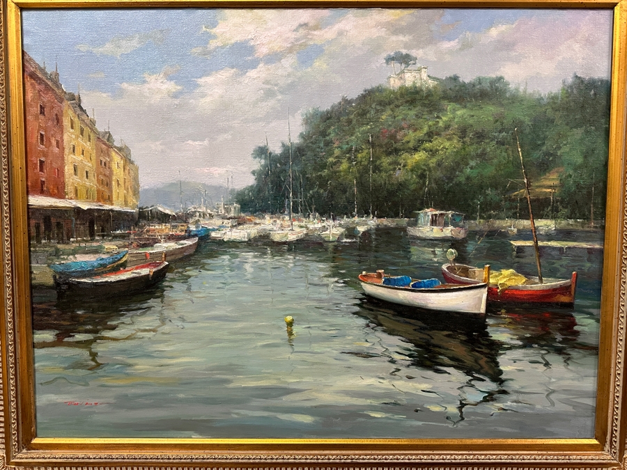 Large Original Oil On Canvas Portofino Italian Riviera Harbor Scene Singed Lower Left Signature Illegible 40 X 30 Framed [Photo 3]