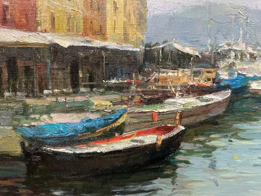 Large Original Oil On Canvas Portofino Italian Riviera Harbor Scene Singed Lower Left Signature Illegible 40 X 30 Framed [Photo 6]