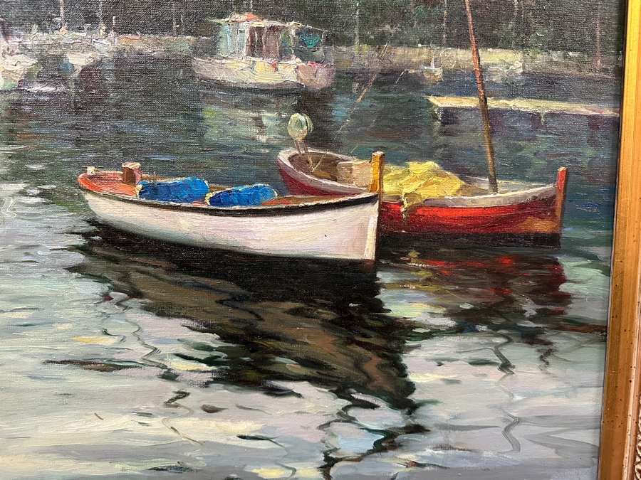 Large Original Oil On Canvas Portofino Italian Riviera Harbor Scene Singed Lower Left Signature Illegible 40 X 30 Framed [Photo 10]