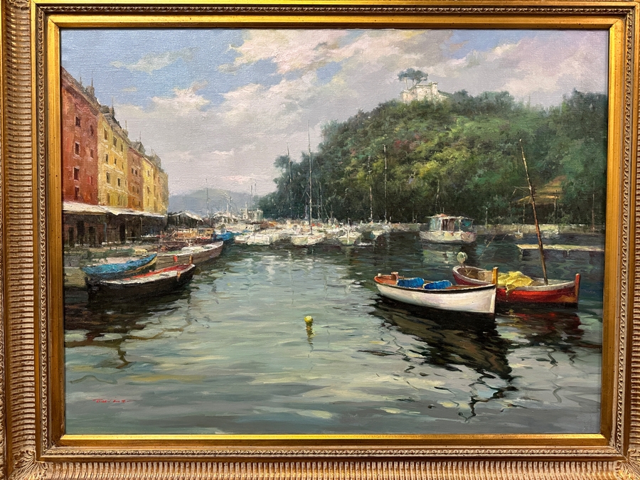 Large Original Oil On Canvas Portofino Italian Riviera Harbor Scene Singed Lower Left Signature Illegible 40 X 30 Framed [Photo 4]