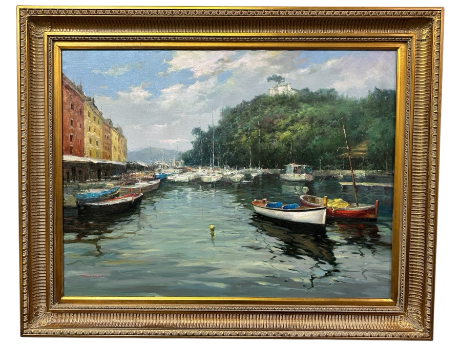 Large Original Oil On Canvas Portofino Italian Riviera Harbor Scene Singed Lower Left Signature Illegible 40 X 30 Framed [Photo 2]