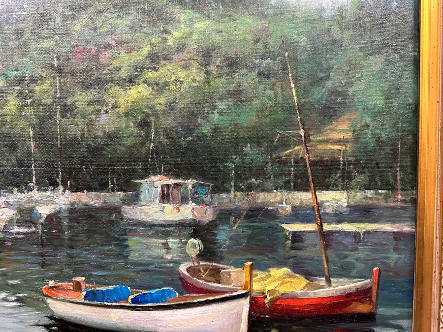 Large Original Oil On Canvas Portofino Italian Riviera Harbor Scene Singed Lower Left Signature Illegible 40 X 30 Framed [Photo 11]