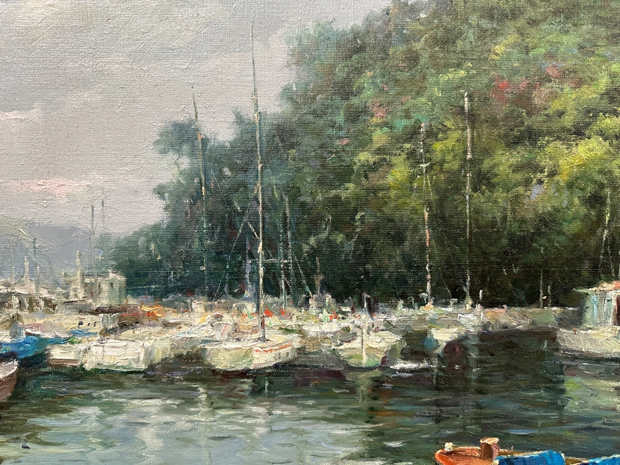 Large Original Oil On Canvas Portofino Italian Riviera Harbor Scene Singed Lower Left Signature Illegible 40 X 30 Framed [Photo 9]