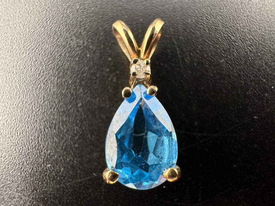 10K Gold Blue Topaz With Small Diamond Pendant 1g Retails $250 [Photo 2]