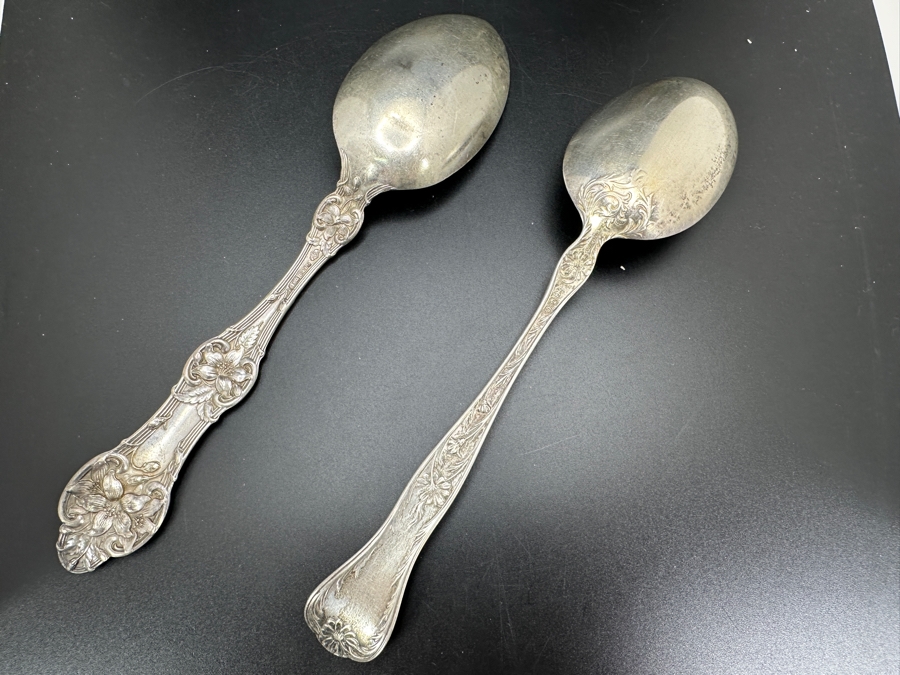 Pair Of Antique Art Nouveau Sterling Silver Serving Spoons 121.1g [Photo 6]