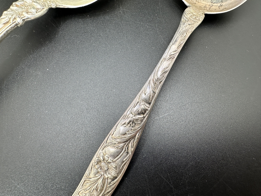 Pair Of Antique Art Nouveau Sterling Silver Serving Spoons 121.1g [Photo 5]