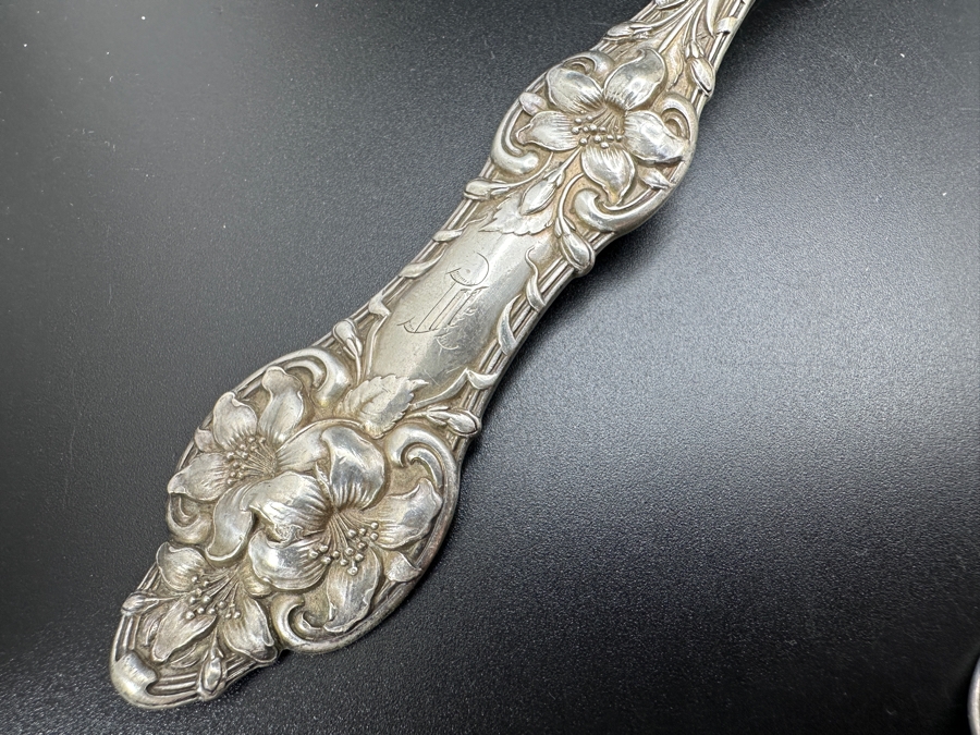 Pair Of Antique Art Nouveau Sterling Silver Serving Spoons 121.1g [Photo 2]