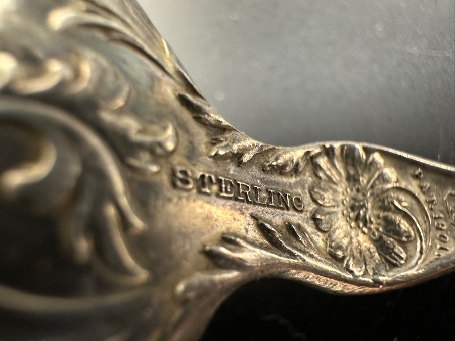 Pair Of Antique Art Nouveau Sterling Silver Serving Spoons 121.1g [Photo 15]