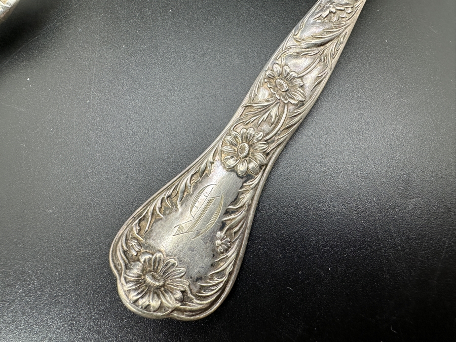 Pair Of Antique Art Nouveau Sterling Silver Serving Spoons 121.1g [Photo 4]