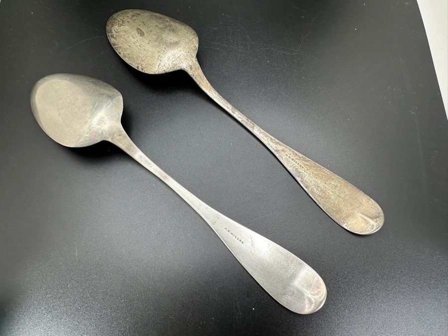 Pair Of Antique A. H. Miller Coin Silver Serving Spoons 8.5'L 113.6g [Photo 4]