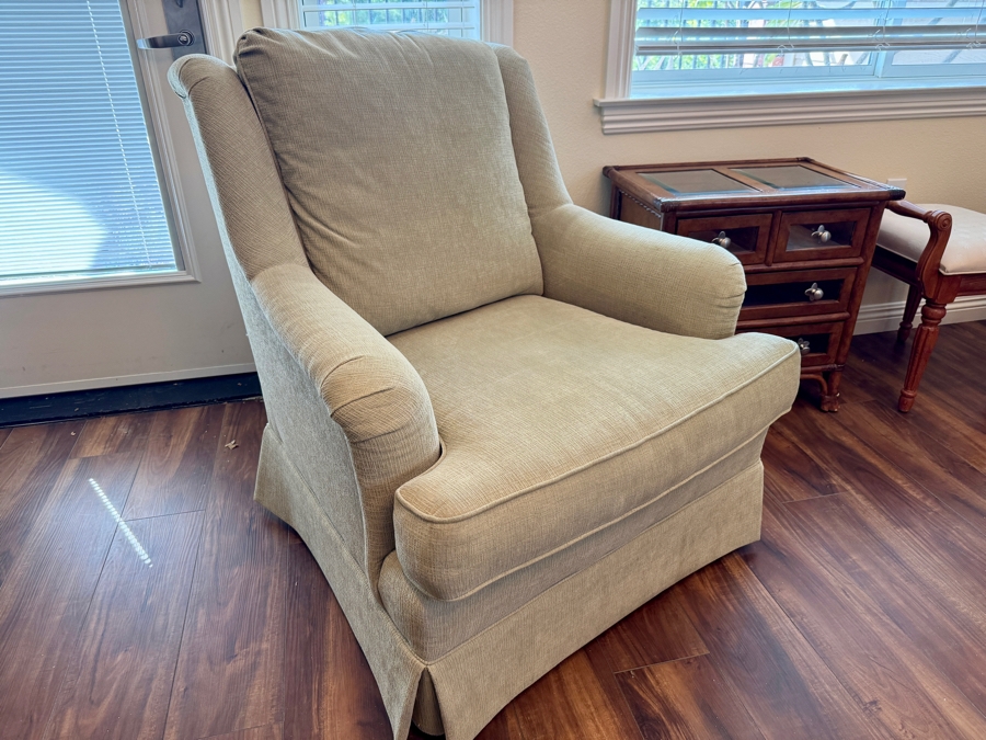 Light Green Upholstered Swivel Armchair Made in USA 32W x 36D x 36H [Photo 3]